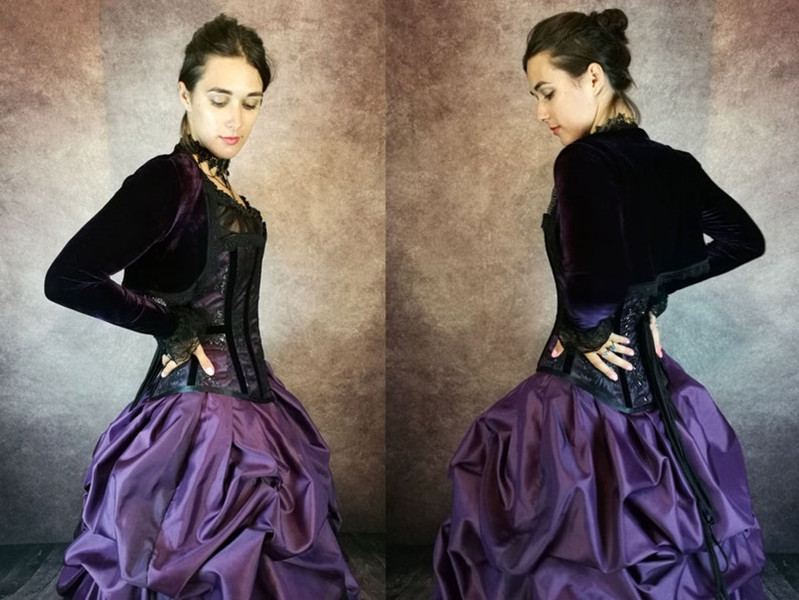 Amethyst Majestica Gothic Victorian Wedding Dress with velvet long sleeve jacket lace-up corset black outdoor punk bridal gowns