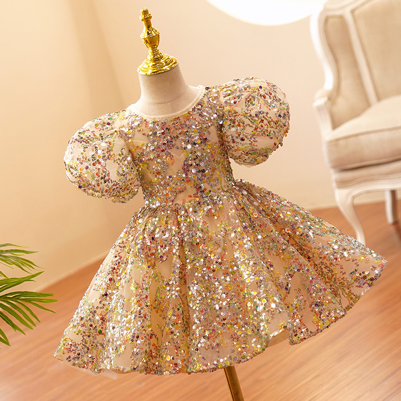 Elegant Gold Princess Sequined Blingbling Floor Length Ball Gown Pageant Dresses For Teens Toddler Girls Flower Dress 403