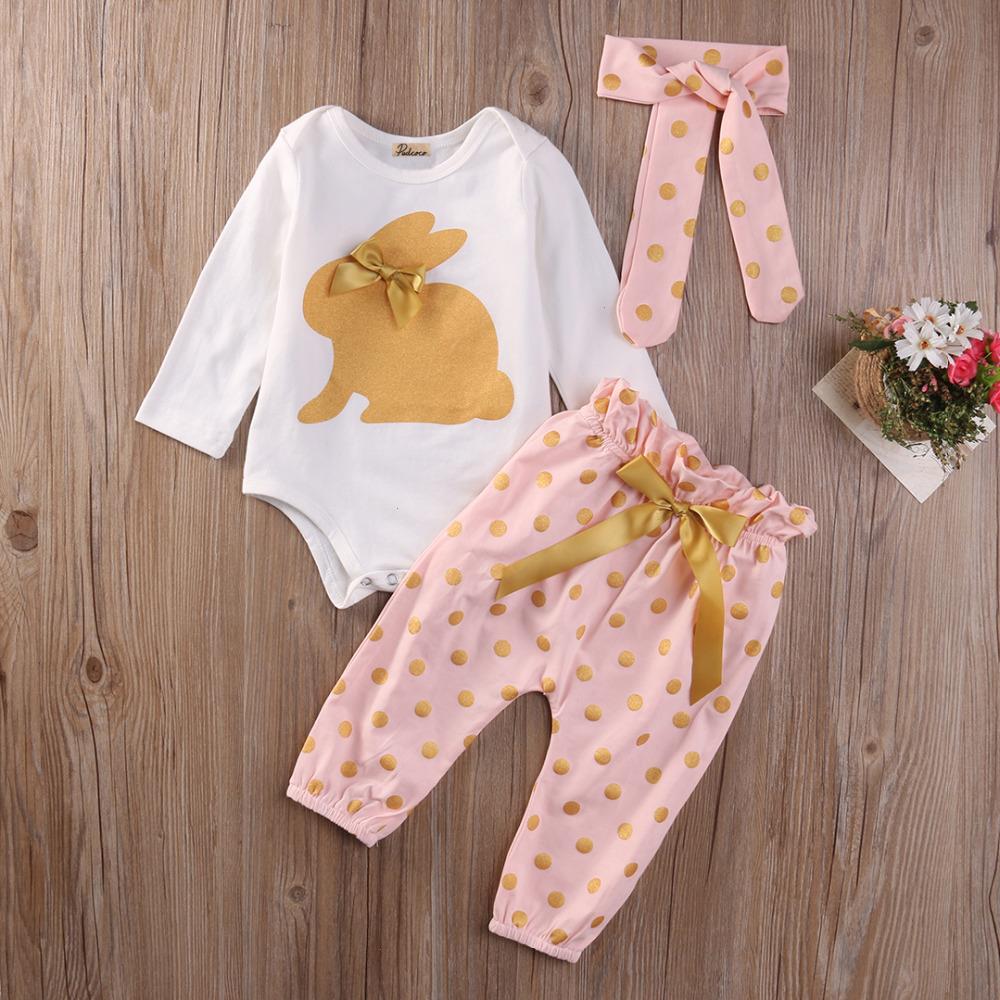 Baby Girl Clothes Sets Rabbit Printed Long Sleeves Romper Pants Headband Infant Clothing 3pcs Set Newborn, As picture 
Baby Girl Clothes Sets Rabbit Printed Long Sleeves Romper Pants Headband Infant Clothing 3pcs Set Newborn, As picture