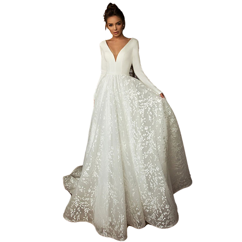 Bohemian Lace A Line Wedding Dress Long Sleeve Boho Beach Bridal Gowns V Neck Satin Backless Sexy Country Bride Formal Wear Ivory White Robes De Marie