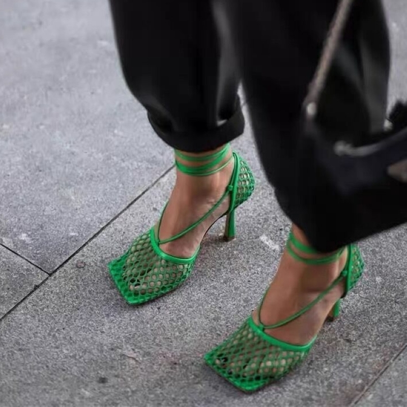 Sexy Green Mesh Women Pumps Sandals Female Square Toe high heels Lace Up Cross-tied Stiletto hollow Party Shoes Woman 220328