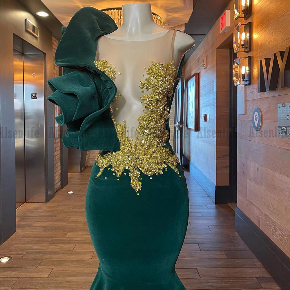 Velvet Prom Dresses Gold Appliques Lace Applique Black Girs Mermaid Evening Gowns for Women Party vestido festa luxo