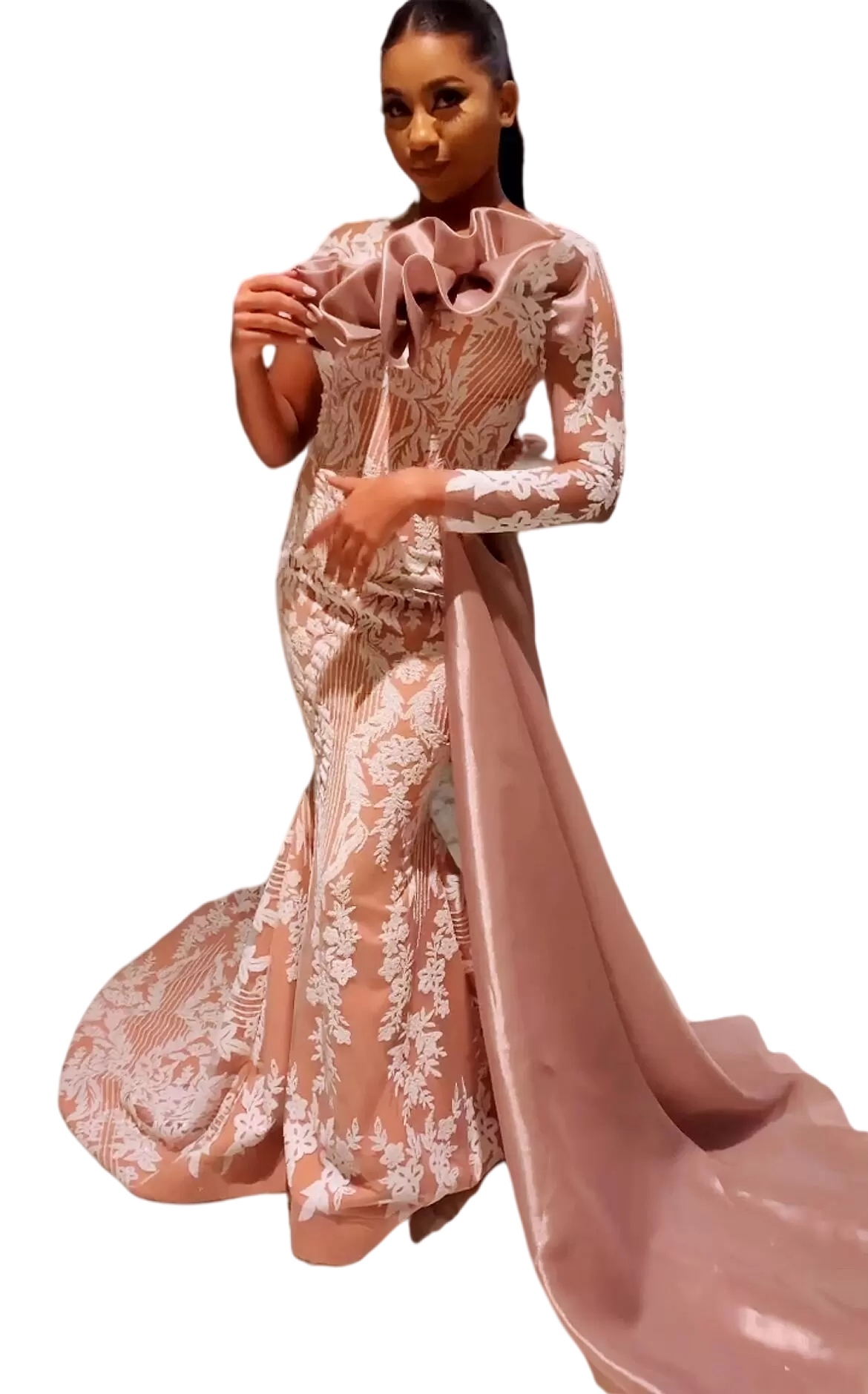 Arabic Aso Ebi Nude Pale Pink Prom Formal Dresses 2022 Sheer Neck Long Sleeve Mermaid Evening Formal Party Second Reception Birthday Engagement Gowns 