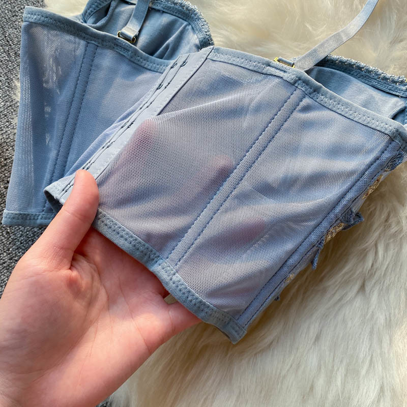 French Romance Floral Embroidery Bustier Corset Top Women Summer Ultrathin Push up Bra Adjustable Strap Cami Tank 220325