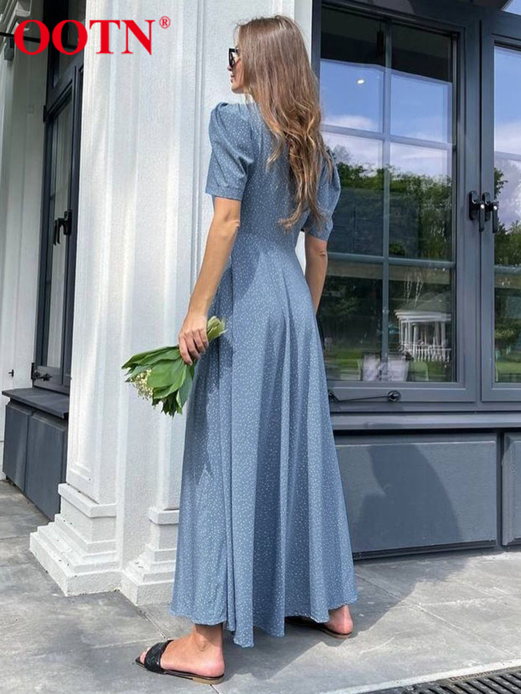 OOTN Holiday Polka Dot Summer Dress V-Neck Puff Sleeve Slit High Waist Elegant Women Dress Beach Outing Soft A-Line Maxi Dress 220511