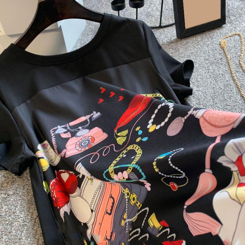 Summer Dress Women Large Size Slimming Loose Fashion Belly covering Length Black Spliced Printing Vintage Oversized 220613