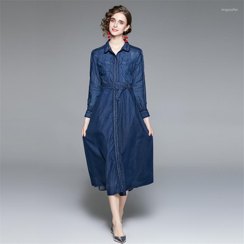 Casual Dresses 2022 Spring Vintage Denim For Women Long Sleeve Shirt Dress Designer Floral Embroidery, Blue
Casual Dresses 2022 Spring Vintage Denim For Women Long Sleeve Shirt Dress Designer Floral Embroidery, Blue