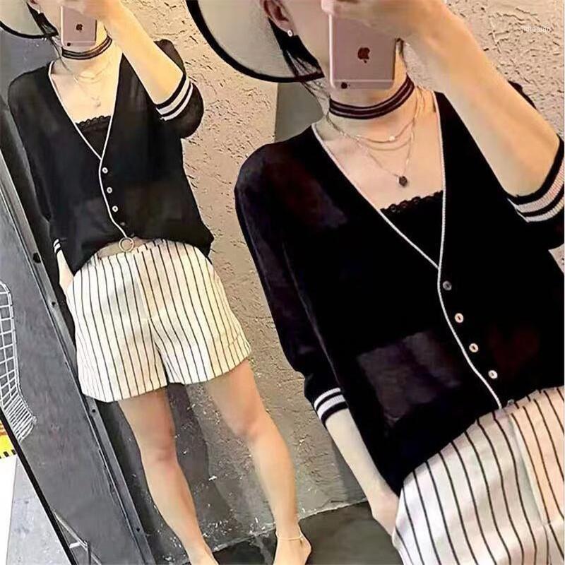 Women Shirt Loose Thin Three-quarter-sleeve Knitted Sunscreen Lady Ice Silk V-neck Breathable Cardigan Top Spring Summer Women' Blouses, Black
Women Shirt Loose Thin Three-quarter-sleeve Knitted Sunscreen Lady Ice Silk V-neck Breathable Cardigan Top Spring Summer Women' Blouses, Black