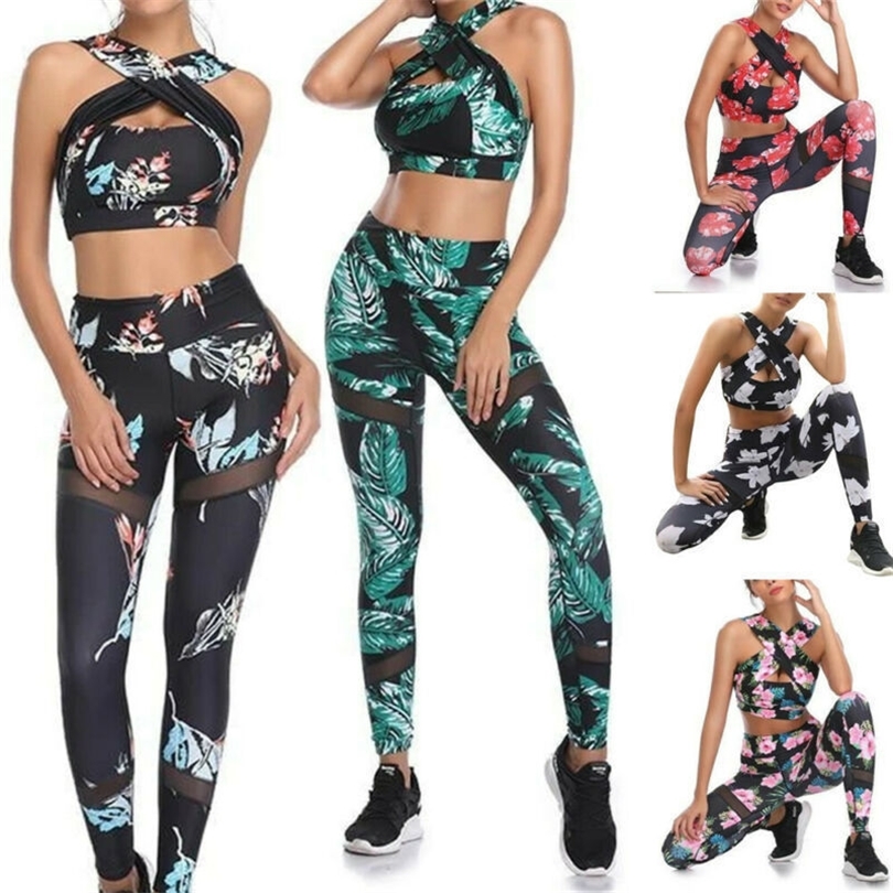 2020 2 piece set Women Sportswear Fitness Suit Gym Set Halter Crop Top Leggings Sport wear Gym Clothing Home excercise clothes T200606