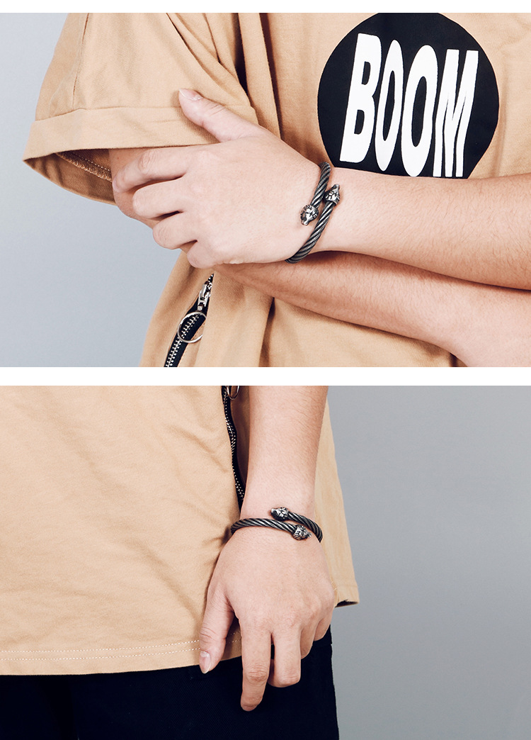 Men's Women Stainless Steel Biker Lion End Twisted Wire Strand Cuff Bangle Bracelet Silver/ Gold/ Black