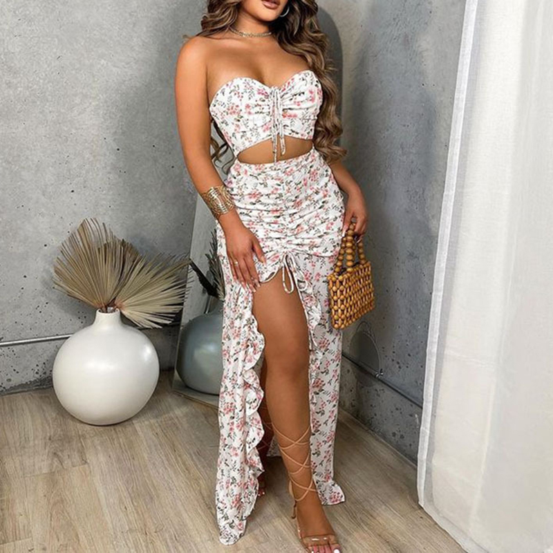 Spring Sexy Chest Wrap Off Shoulder Short Top And Folds Ruffle Long Skirt Suit Ladies Elegant Set Floral Print Party 2 Piece 220602