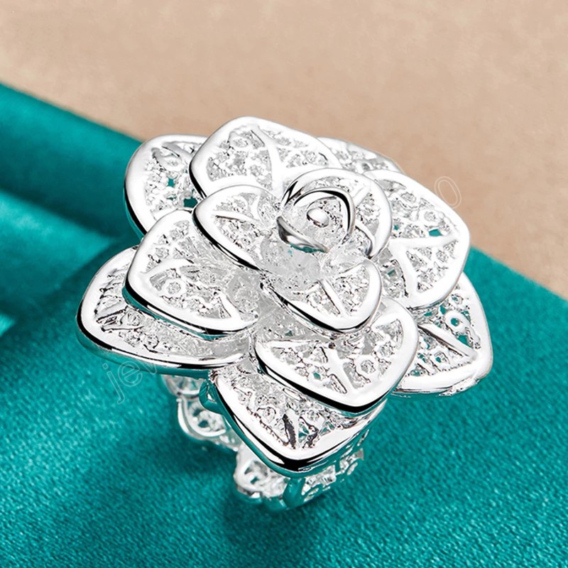 925 Sterling Silver Opening Three-Tiered Flower Ring For Woman Fashion Wedding Engagement Party Gift Charm Jewelry