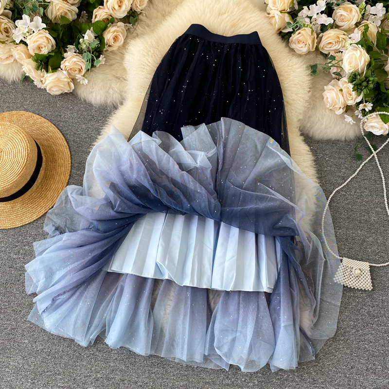 Bling Fairy Starry Metallic A-line Long Tulle Skirt Gradient Color Lush Puff Maxi Mesh Skirts 220317