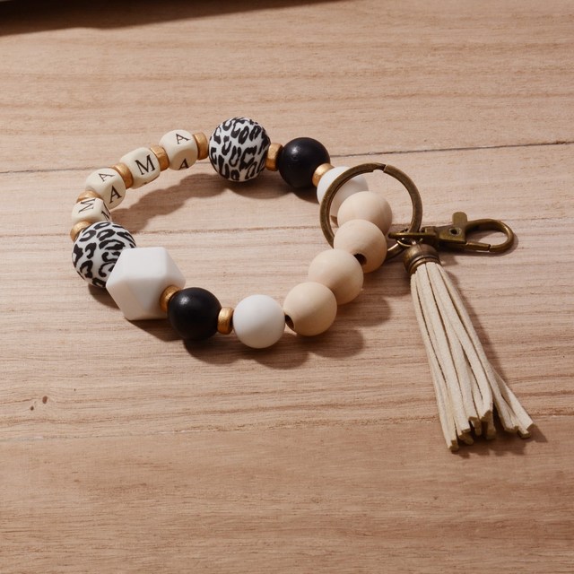 New Leopard Print Silicone Bead Keychain Fashion Bag Pendant Tassel MAMA Letters Bracelet Key Chains