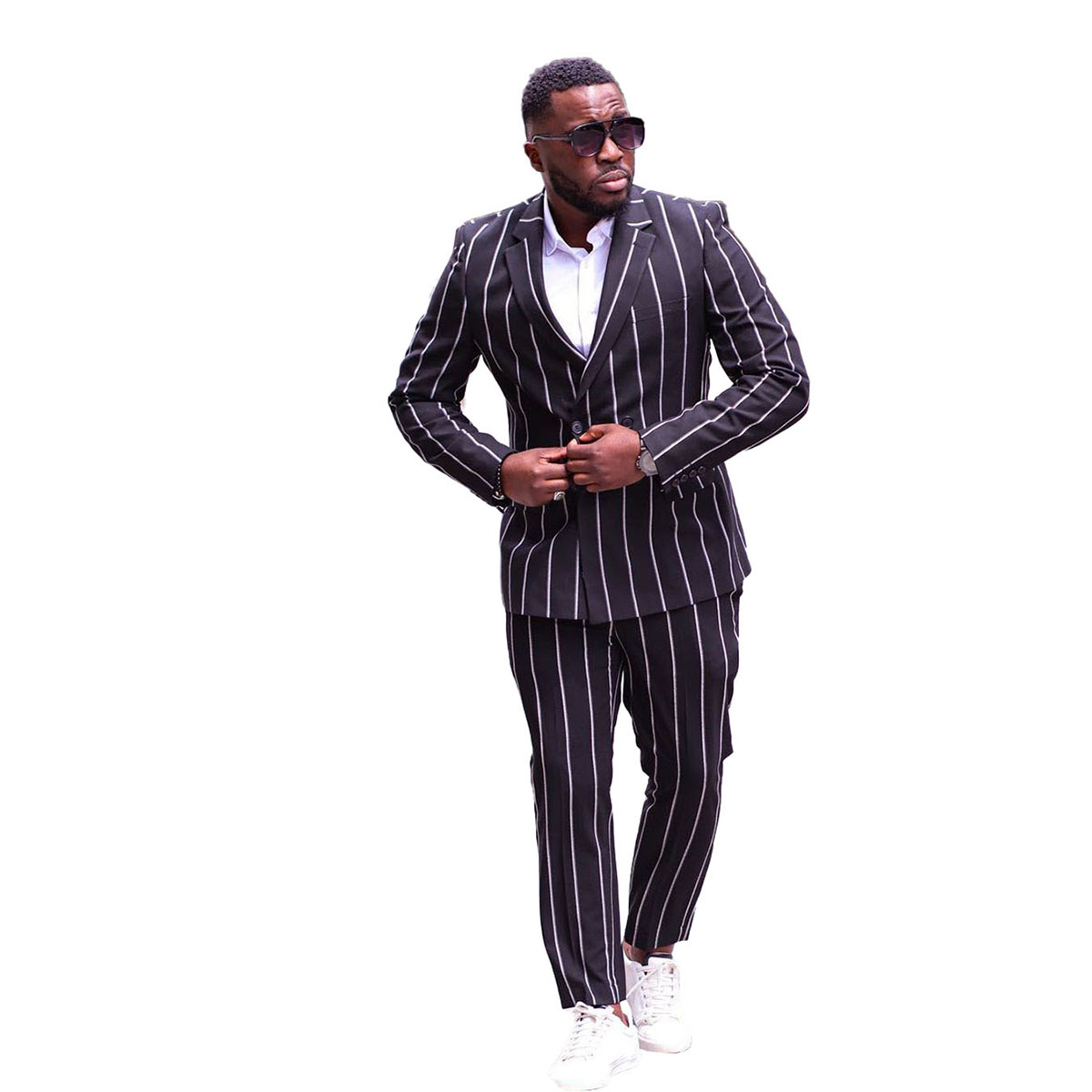 Plus Size Black Striped Tuxedos Men Pants Suits Set 2 Pieces Slim Fit Peaked Lapel Outfits Wedding Blazer Jacket