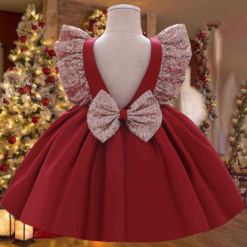 2022 Summer Sequin Big Bow Baby Girl Dress 1st First Birthday Party Wedding Dress For Girl Princess Evening Dresses Kid Clothes Y220510