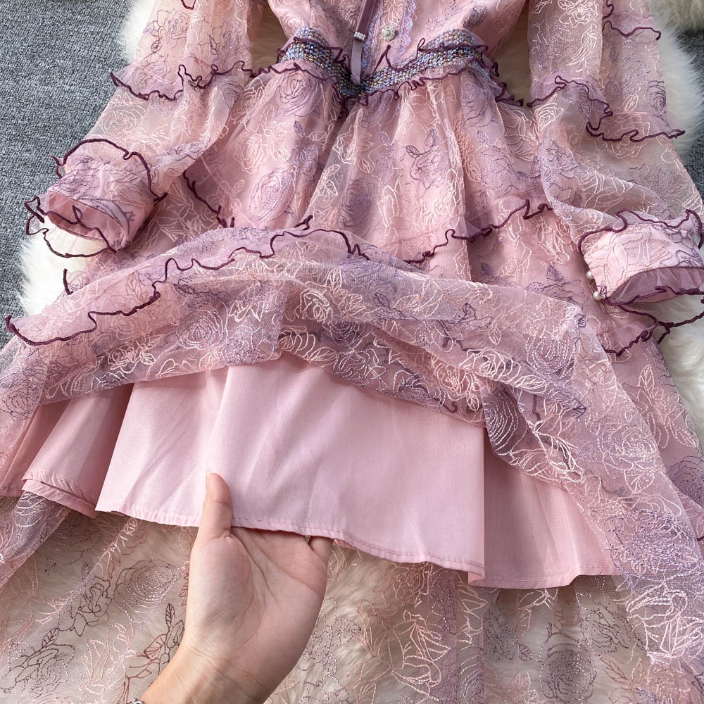 Floral French Style Long Dress Summer Women Zipper Beading Long Sleeves Embroidery Ladies A Line Slim