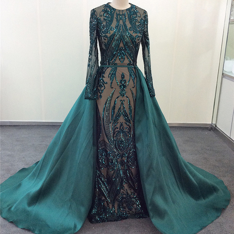 Vintage Dubai Mermaid Evening Dress With Detachable Train Muslim Sequin Prom Dresses Emerald Green 2022 Long Sleeve Formal Party Gowns Abaya Caftan ro
