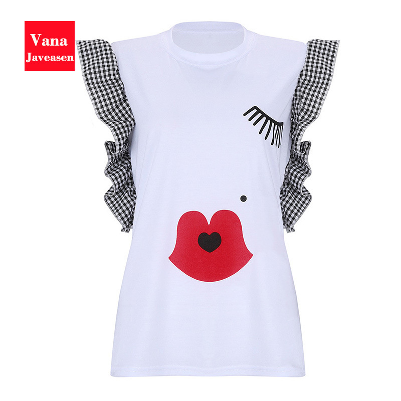 Vana Javeasen Women Ruffle Fashion T-Shirt Eyelashes Red Lips Print Tees O-Neck Butterfly Sleeve Woman's Clothes Simple Tops 220411