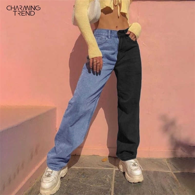 Autumn Winter Patchwork Straight Women's Jeans Baggy Vintage High Waist Boyfriends Mom Denim Streetwear Fashion Pants Ladie 210702