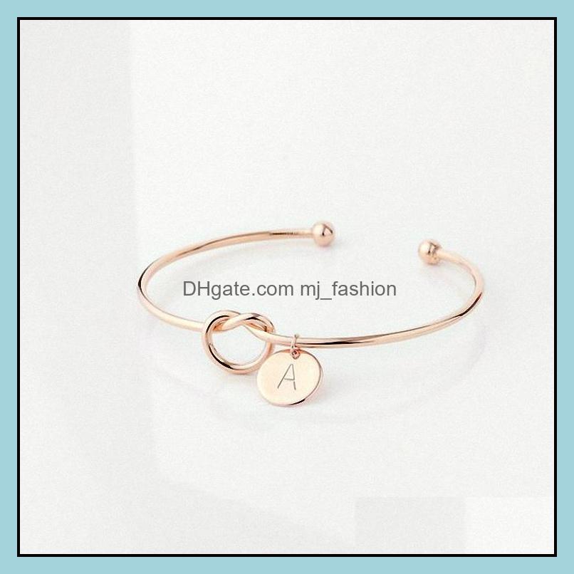 Charm Bracelets Jewelry 26 Letters Open Adjustable Wire Cuff Bracelet Alphabet Heart Knot Bangle For Women Q348Fz Dtd
