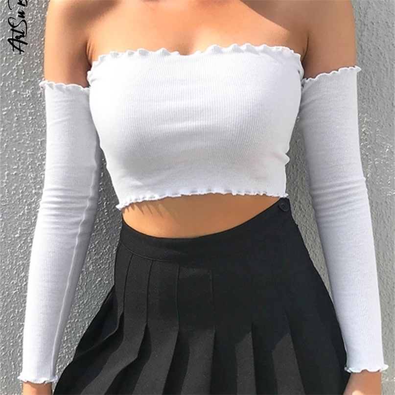 Long Sleeve Top Corset Top Women Off Shoulder T-Shirt Year White Crop Top Fall Winter Sexy Solid Tees Streetwear Y2K Clothes 220411