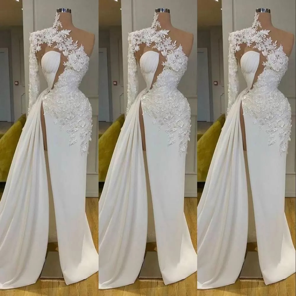 White Mermaid Prom Dresses Sexy V Neck One Long Sleeve Satin Appliques Sequins Plus Size Luxury Prom Gowns Side Slit Floor Length Custom Made Evening 
