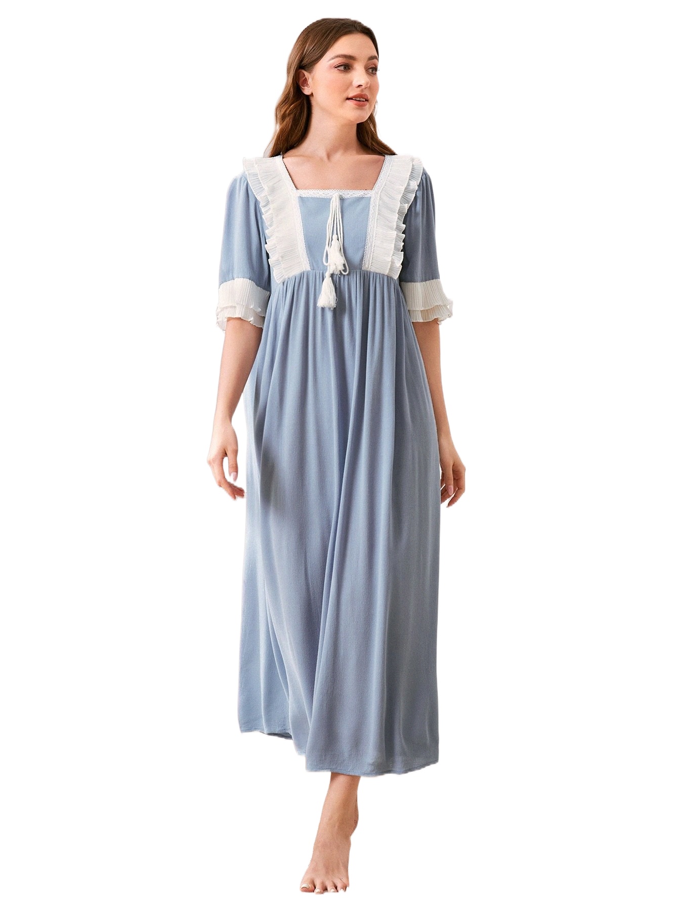 contrast Lace Ruffle Trim Tassel Tie Front Flounce Sleeve Nightdress O4DV#, Dusty blue
contrast Lace Ruffle Trim Tassel Tie Front Flounce Sleeve Nightdress O4DV#, Dusty blue