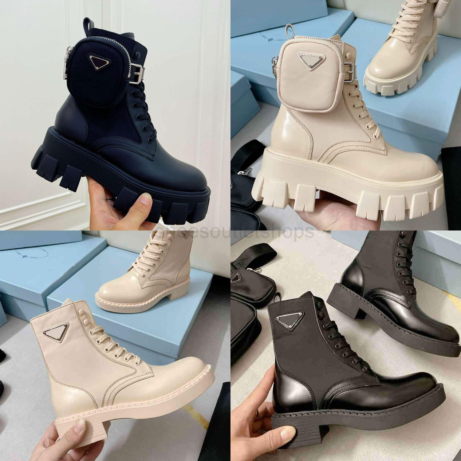 Designer Women boots Monolith shiny Detachable Nylon Pouch Combat Shoes nylon Hailf Ladies Outdoor Thick prad pradas Bottom Mid-length Boot leather