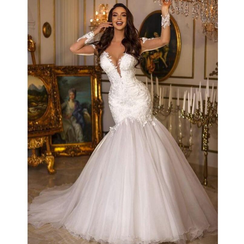 Retro Lace Mermaid Wedding Dresses V Neck Illusion Long Sleeves Sexy Covered Button Back White Arabic Marriage Bridal Gowns