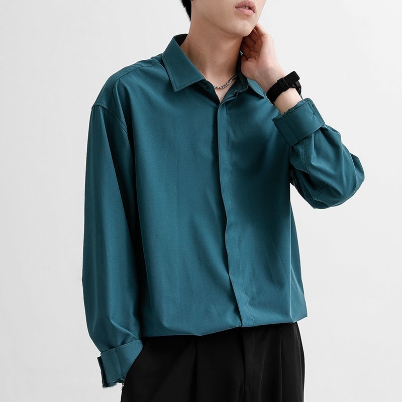 Korean Fashion Drape Shirts for Men Solid Color Long Sleeve Ice Silk Smart Casual Comfortable Button Up Shirt 220322