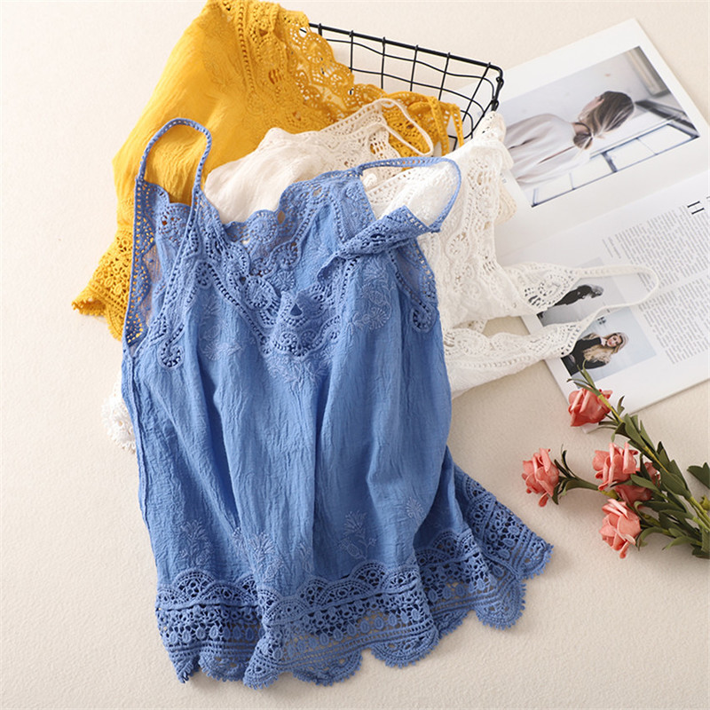 Summer Spaghetti Strap Tops Women Sleeveless V-Neck Embroidery Cotton Linen Tank Top Casual Vintage Camis Mujer Tee Shirt Femme 220316