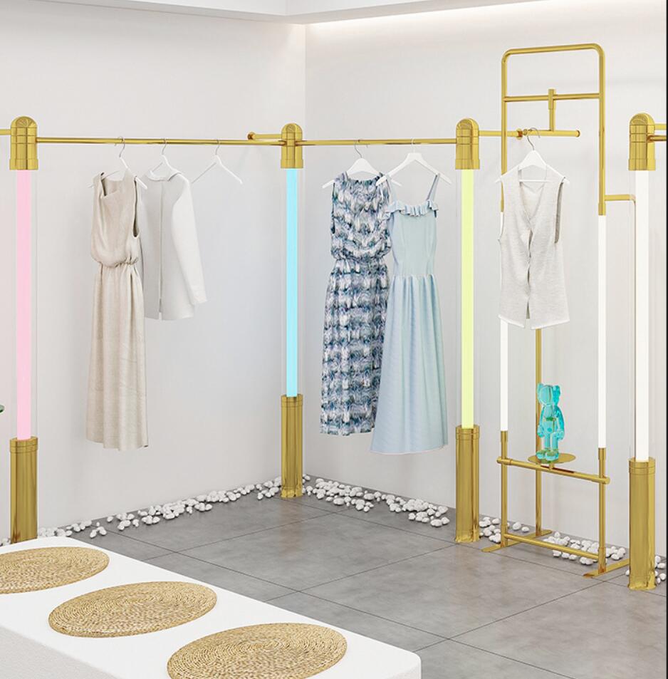 Women's clothing rack Commercial Furniture gold light-emitting band lamp acrylic wall show combination racks landing cloth store display shelf