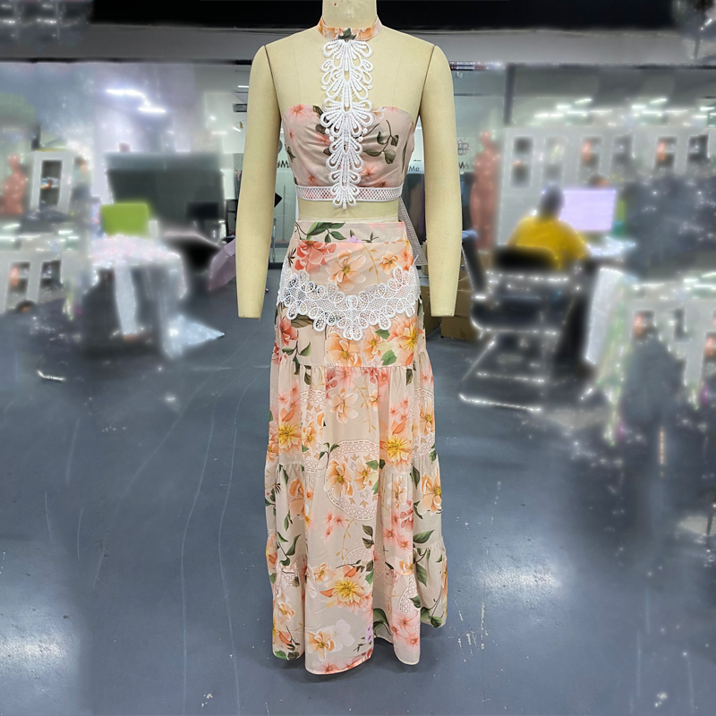Fashion Women Two Piece Set Party Wear Floral Lace Hem Cropped Top & Maxi Skirt Sets 220509