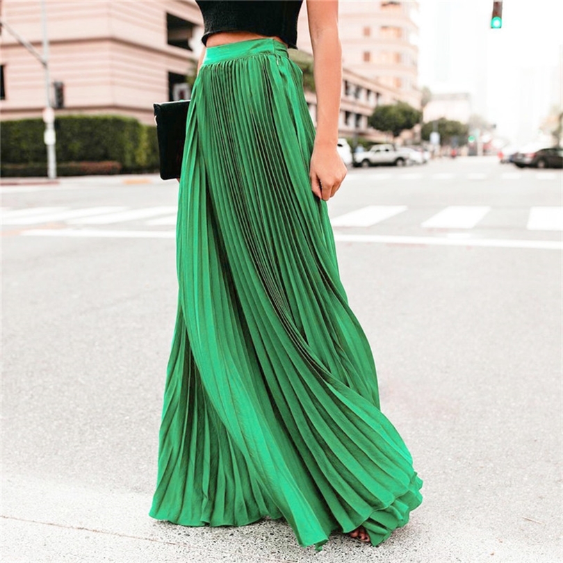 Fashion Pleated Long Skirt 2019 Lady Casual Loose Soild High Waist Long Skirt Ladies All-match Ankle-Length Skirts Multi Colors T200301