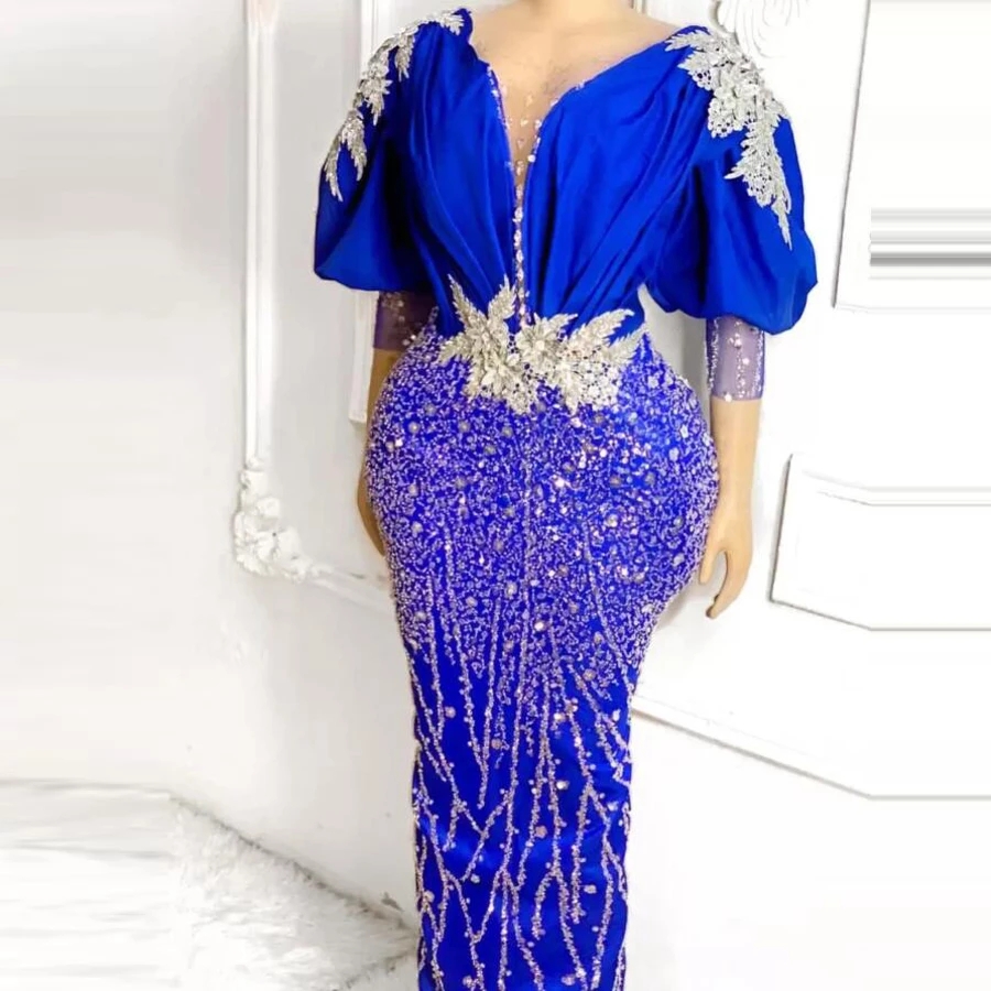 Royal Blue Mermaid Prom Dresses Sheer neck Appliques Beads Puffy 3/4 Long Sleeves Plus Size Evening Dress For African Women Party Gown