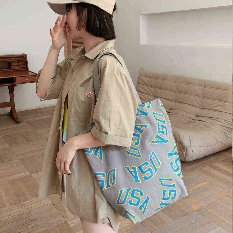 Summer Women Bag Single Shoulder Letter Printing Portable Student Large Capacity Leisure Canvas Shopping Bag 220516