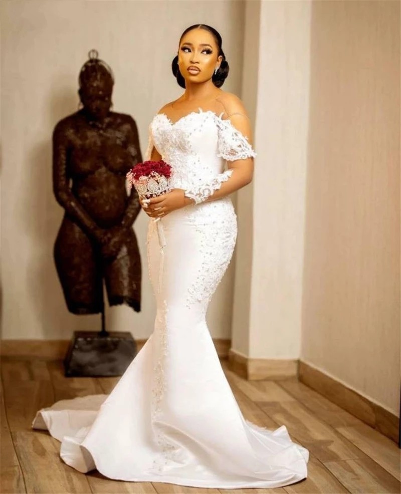 Ebi Mermaid Aso Wedding Dresses With Sheer Neck Illusion Long Sleeves Bridal Dress Lace Appliques Pearls Vestido De Noiva Bc12953 0219