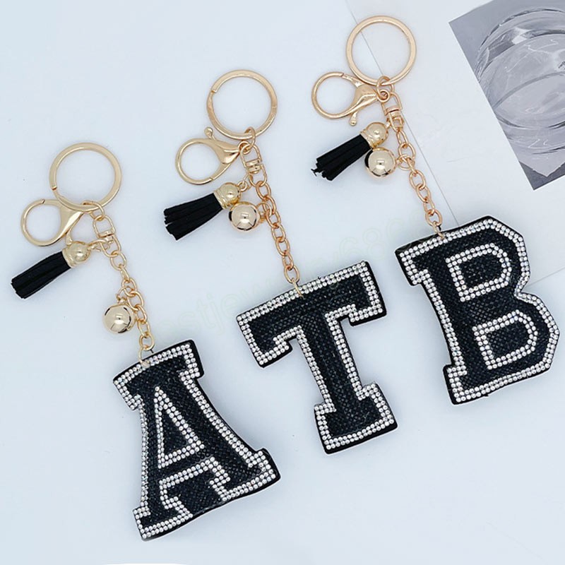 Women Keychain Alphabet Letter Rhinestone Leather Gold Color Keyring Charm Key Chain Accessories Female Car Bag Keyring Holder