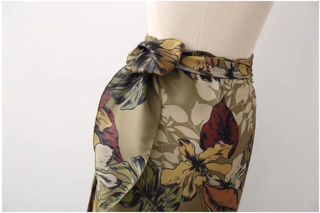 Sexy Flower Leaves Print Bow Tie Sashes Wrap Skirt Vintage Women High Waist Slim Fit Mid-Calf Long Pencil Skirts Holiday 220317