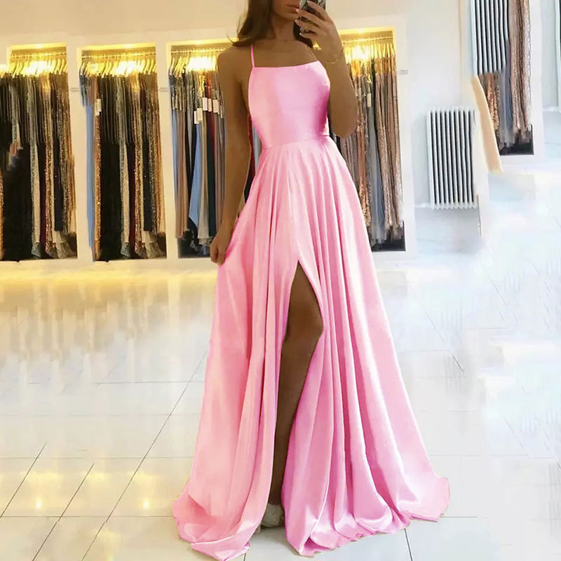 Satin Dresses Evening Dress prom party Robe De Formal Dress simple Spaghetti Sexy Slit
