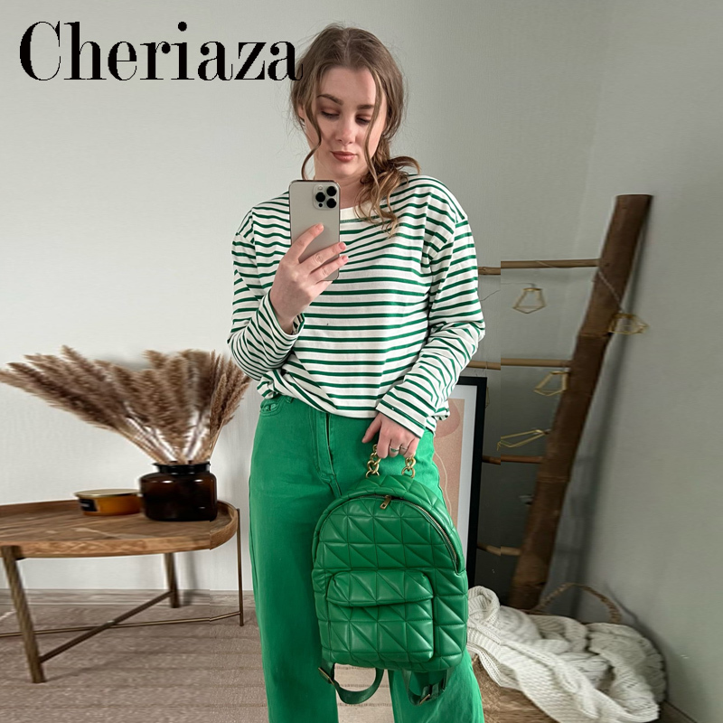 Spring Autumn Women Crew Neck Classic Style Green Striped T shirt Casual O neck Long Sleeve Oversized Female Top 220714
