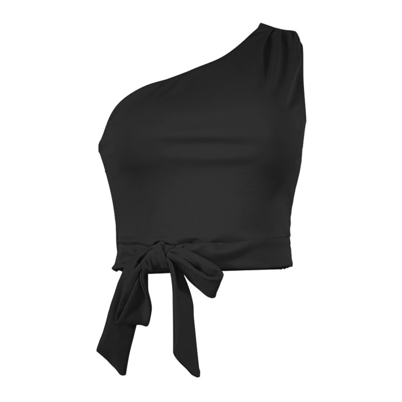 One Shoulder Summer Sexy Club Crop Top Sleeveless Women T Shirt White Black Skinny Lace Up Bandage Tank Casual 220325