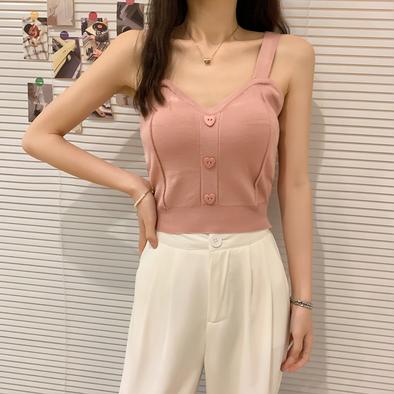 Crop Tops for Women Summer Sweet Button Camisole Slim Knitted Tank Top Cropped Female Solid Camis 220325