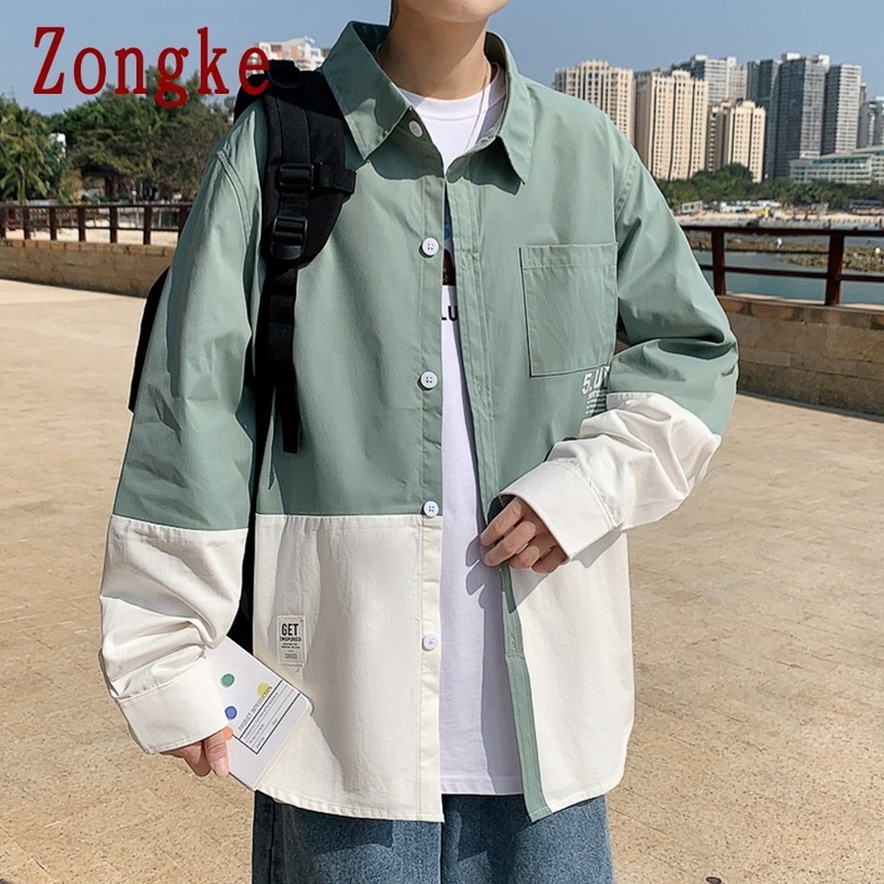 Zongke Patchwork Casual Shirts For Men Clothing Button Up Shirt Korean Fashion Clothes M-4XL Arrival 220322