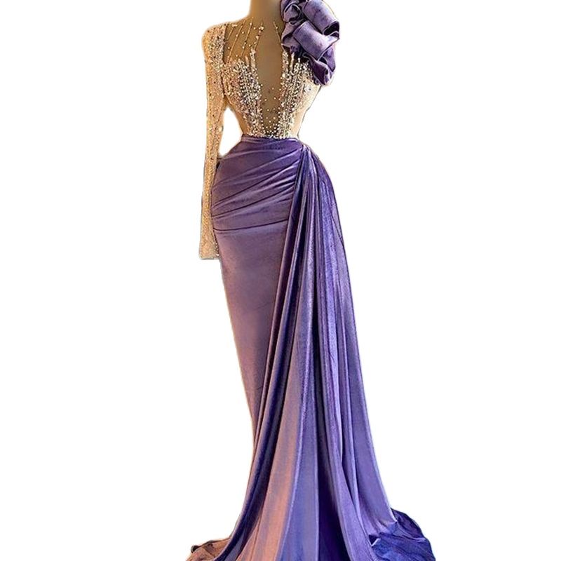 Sparkly Sexy Mermaid Prom Dresses Luxurious Velvet Crystal Beaded Sheer Neck Evening Formal Party Gown Custom Made Photoshoot Dress