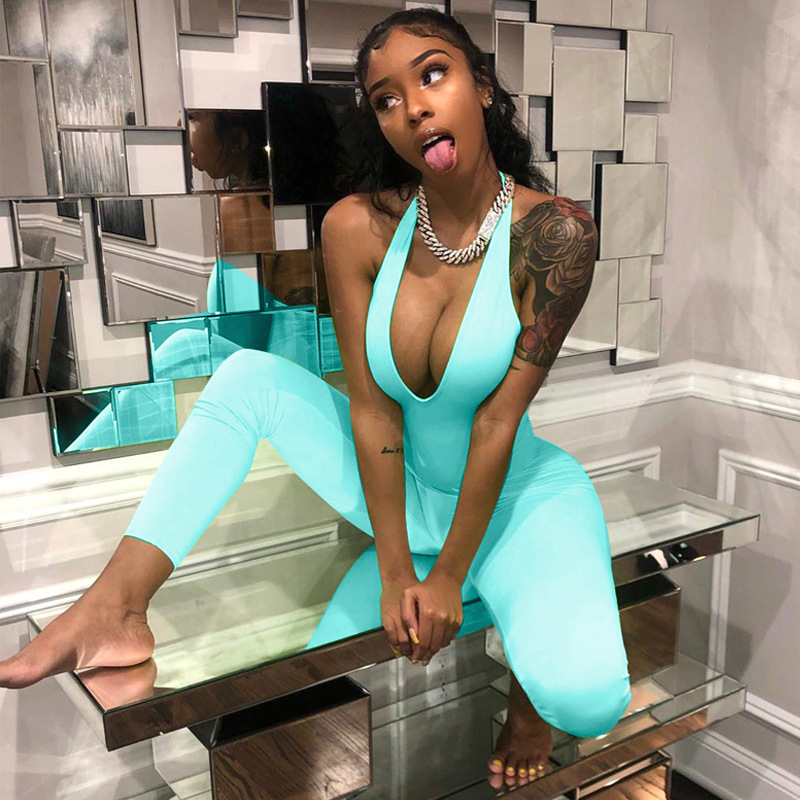 Halter Backless Sexy Jumpsuit Trousers Long Pants Bodycon Elegant Summer Women Fitness Clothes Party Streetwear 220429
