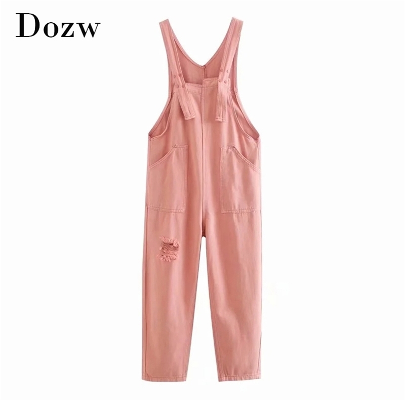Solid Retro Holes Jumpsuit Women Summer Pink Color Pockets Loose Jump Suit Lady Casual Long Length Jumpsuits Female 210515
