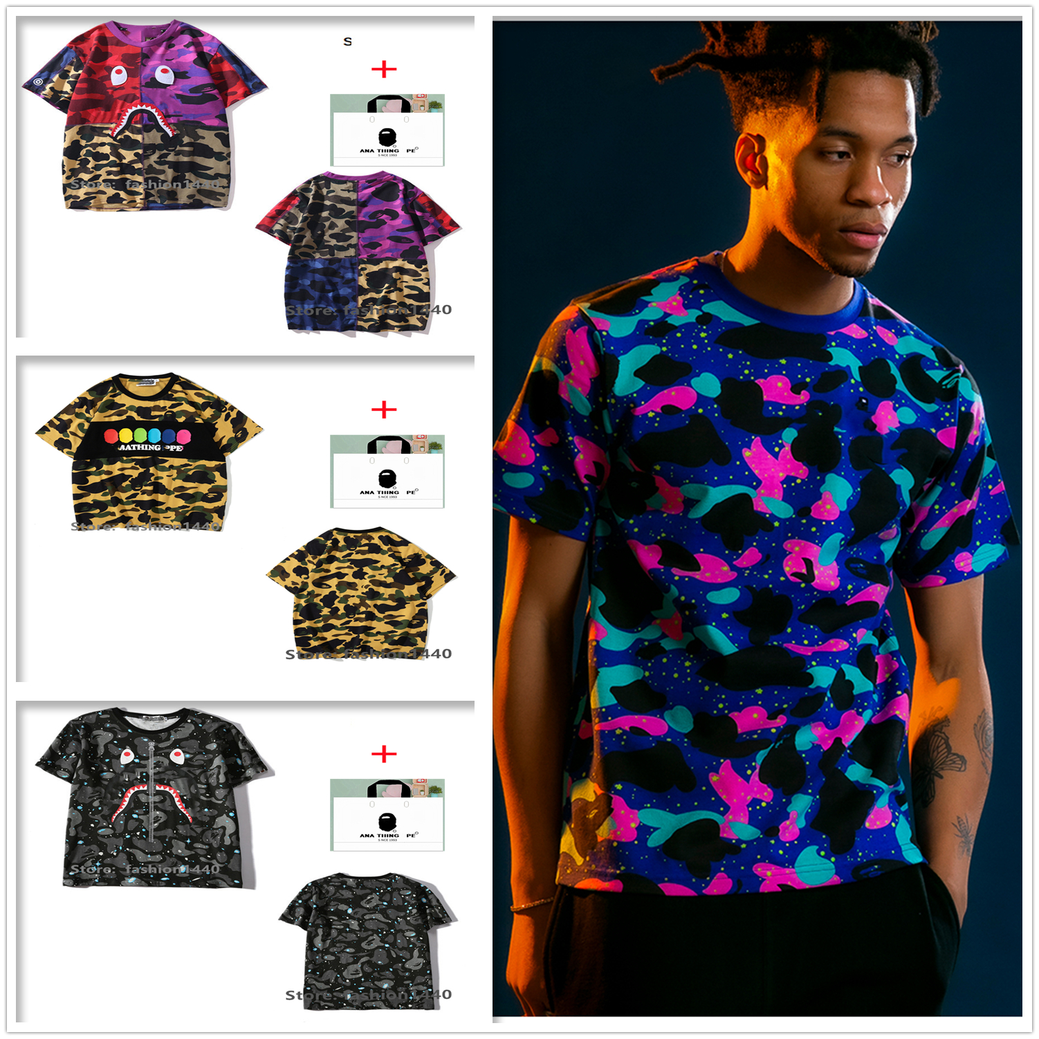 apes Men t shirt high quality women's short-sleeved T-shirt Japanese tide brand camouflage starry night light cartoon shark letter printing with tote bag E08, 1 pcs button
apes Men t shirt high quality women's short-sleeved T-shirt Japanese tide brand camouflage starry night light cartoon shark letter printing with tote bag E08, 1 pcs button