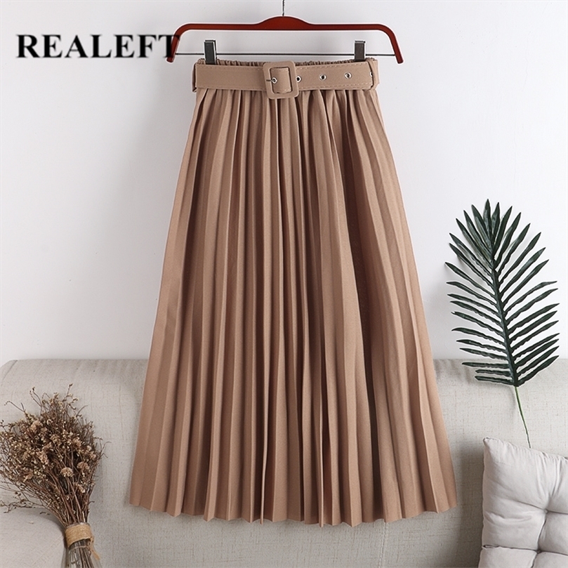 REALEFT High Waist Women's Pleated Skirts with Belted Spring Summer Minimalism Elegant Office Female Mi-long Skirt Saia 220317